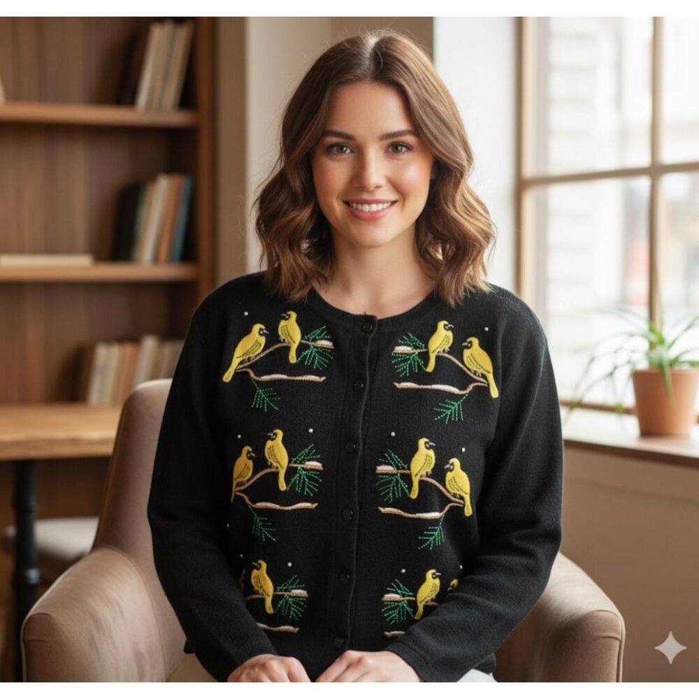 Bobby C Cardigan Womens Black Yellow Bird Embroidered Sweater Size XL
